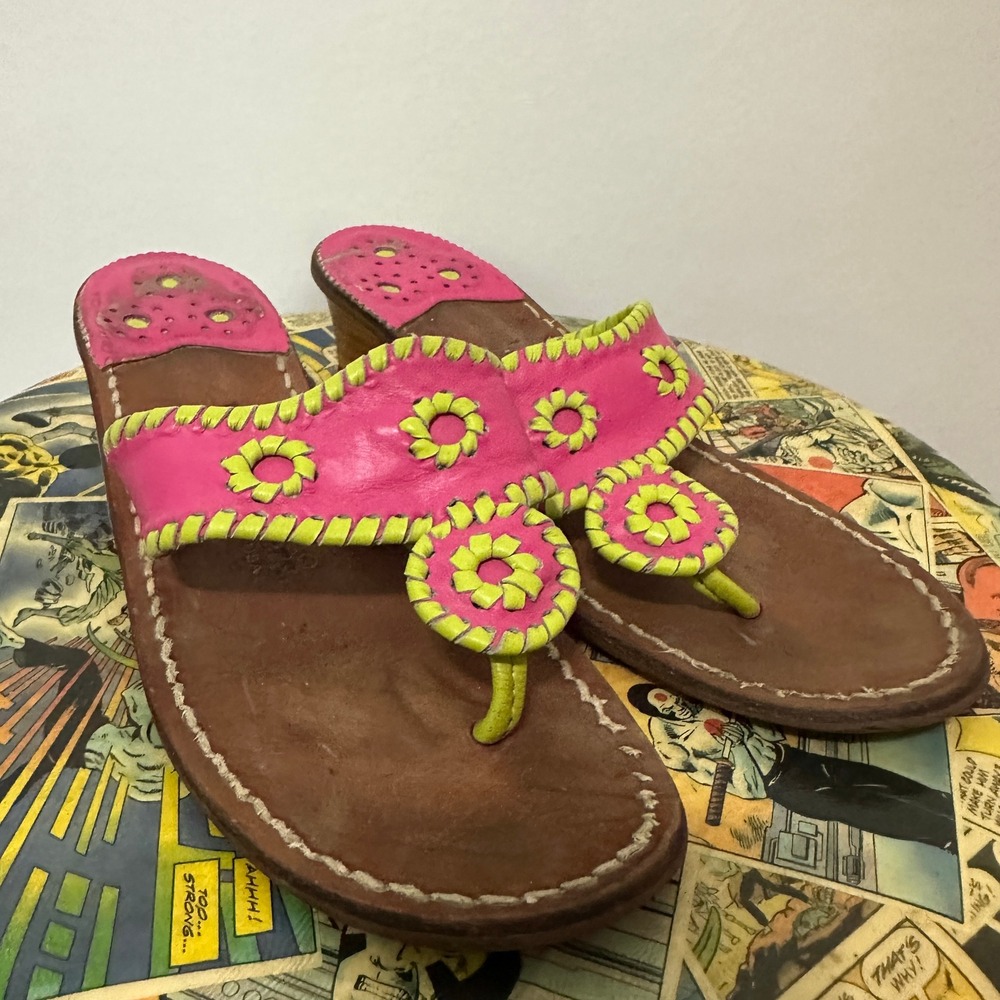 Jack Rogers Navajo Sandals Womens 8 Pink Lime Green Good Block Heel Whipstitch